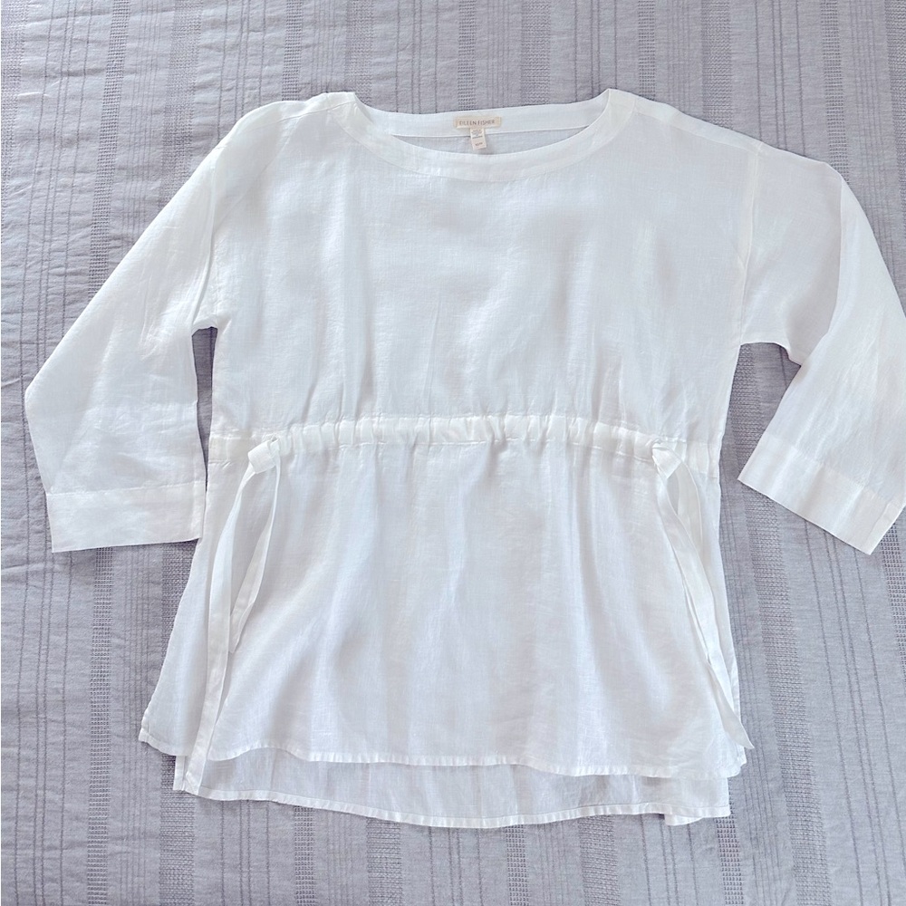 EILEEN FISHER White Linen Drawstring Front Top XS
